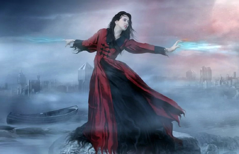 A woman in a flowing red dress wields magic by a tranquil river, with a misty city skyline in the background and a boat resting nearby, creating an enchanting, artistic scene.