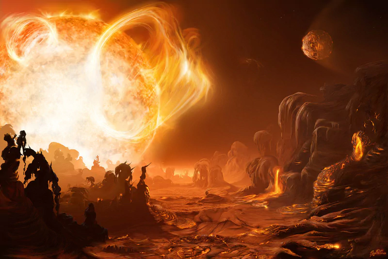 Sci Fi scene: molten alien landscape beneath a colossal fiery sun, streaming prominences, jagged rock spires and glowing boulders drifting through the orange sky.