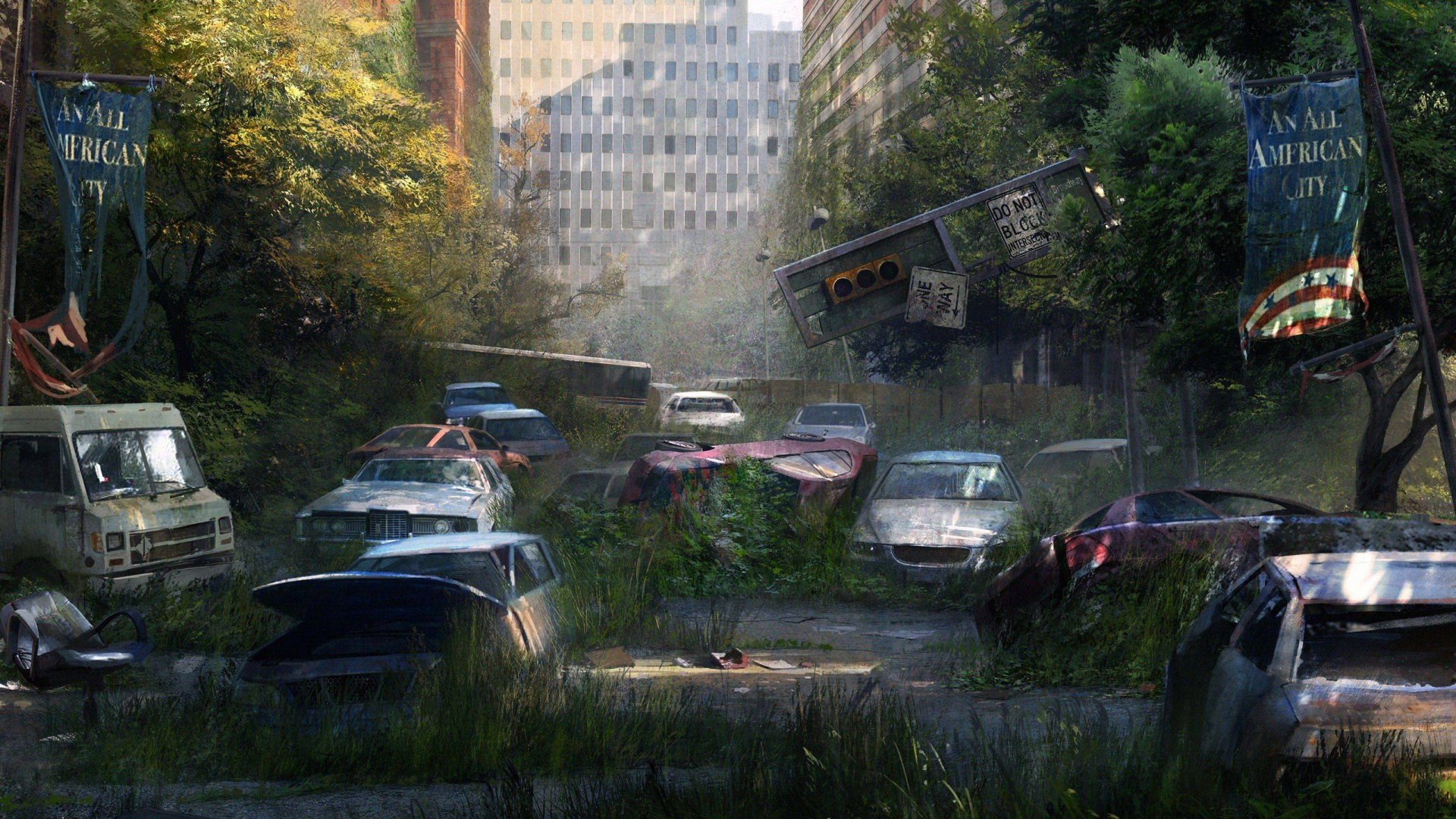 Overgrown city street with abandoned cars and broken signs, depicting a post-apocalyptic scene from the video game The Last Of Us.