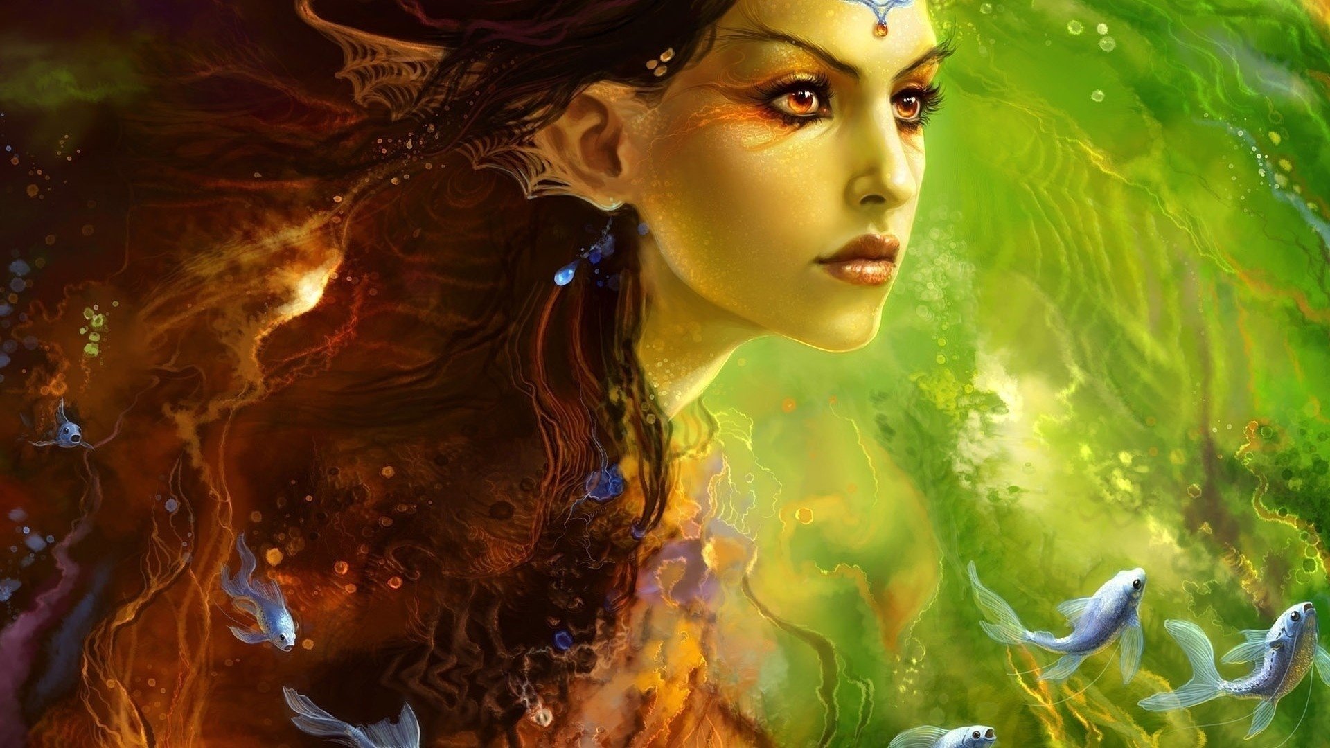 A mesmerizing mermaid with flowing hair and a jeweled adornment gazes thoughtfully amidst a vibrant underwater scene, accompanied by playful fish and swirling colors.