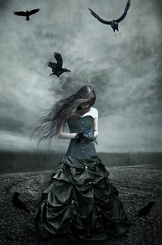 A woman in a black gown stands against a dark, cloudy sky, surrounded by flying crows, embodying an emo aesthetic in a hauntingly atmospheric scene.