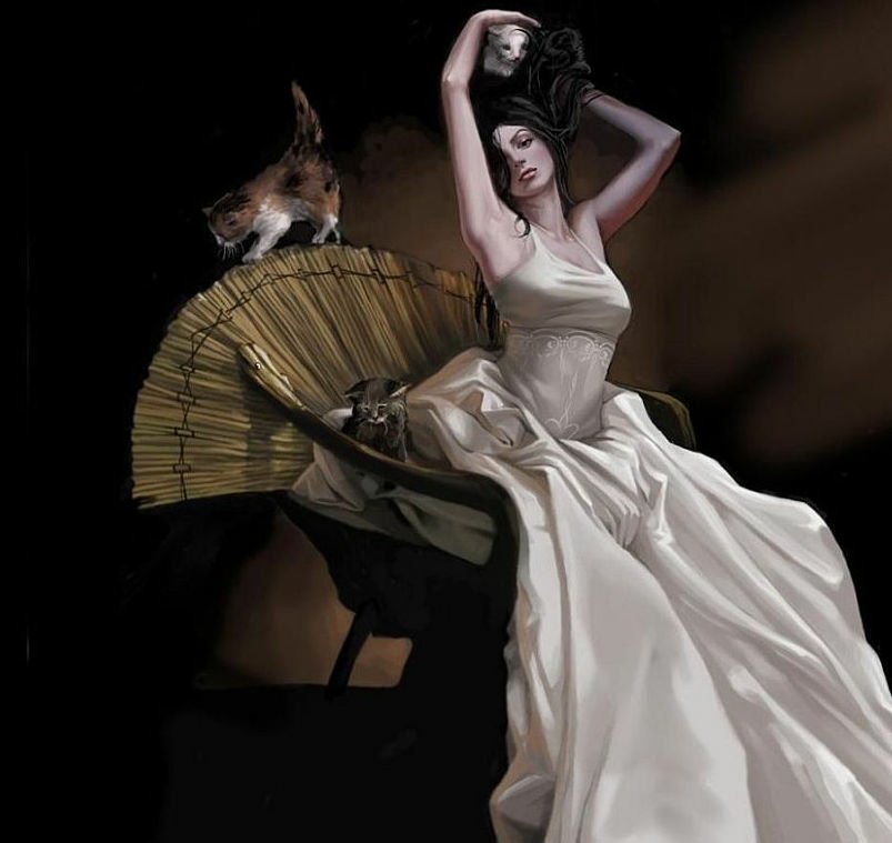 A woman in a flowing white gown sits gracefully in a chair, surrounded by playful kittens, capturing an enchanting moment with both elegance and charm.