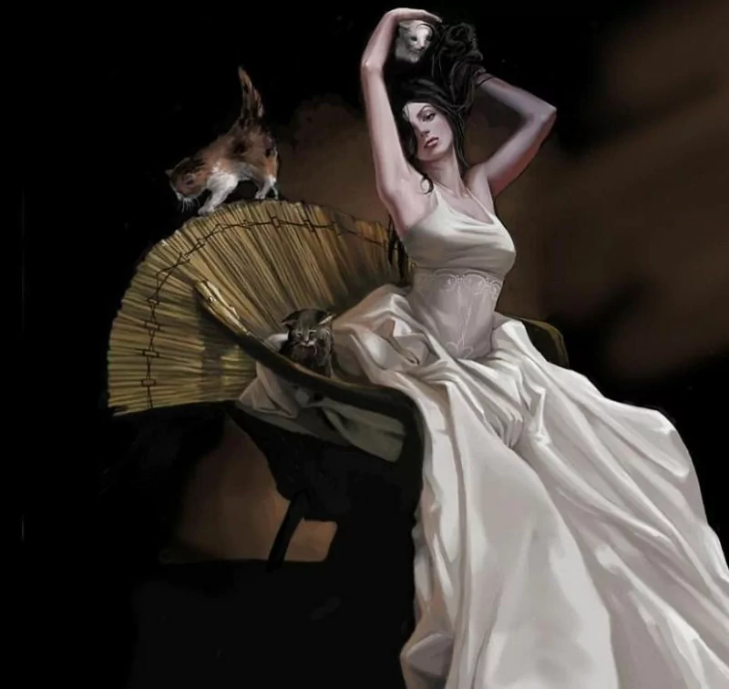 A woman in a flowing white gown sits gracefully in a chair, surrounded by playful kittens, capturing an enchanting moment with both elegance and charm.