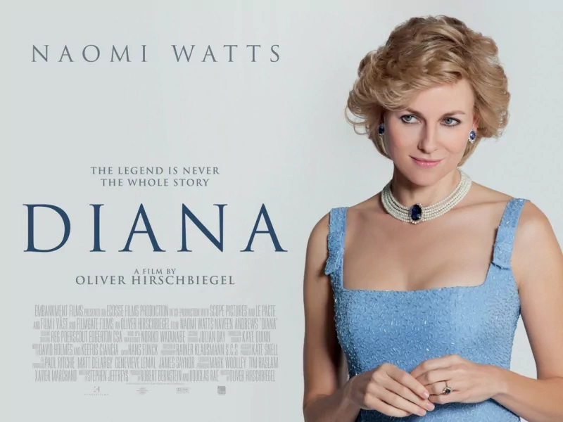 Promotional poster for the movie Diana, featuring Naomi Watts dressed as Princess Diana against a light background.