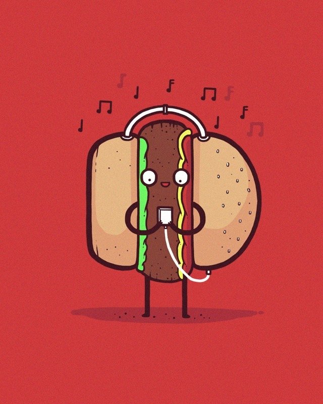 A cartoon hot dog with a bun wearing headphones and holding a music player, surrounded by musical notes on a red background.