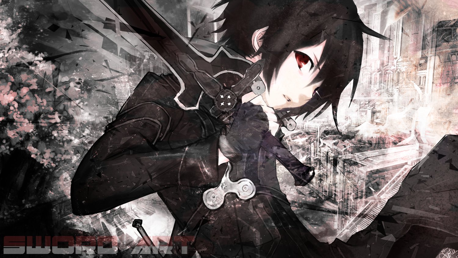An intense portrait of Kirito from Sword Art Online, showcasing Kazuto Kirigaya gripping his sword, set against a dramatic, stylized backdrop.