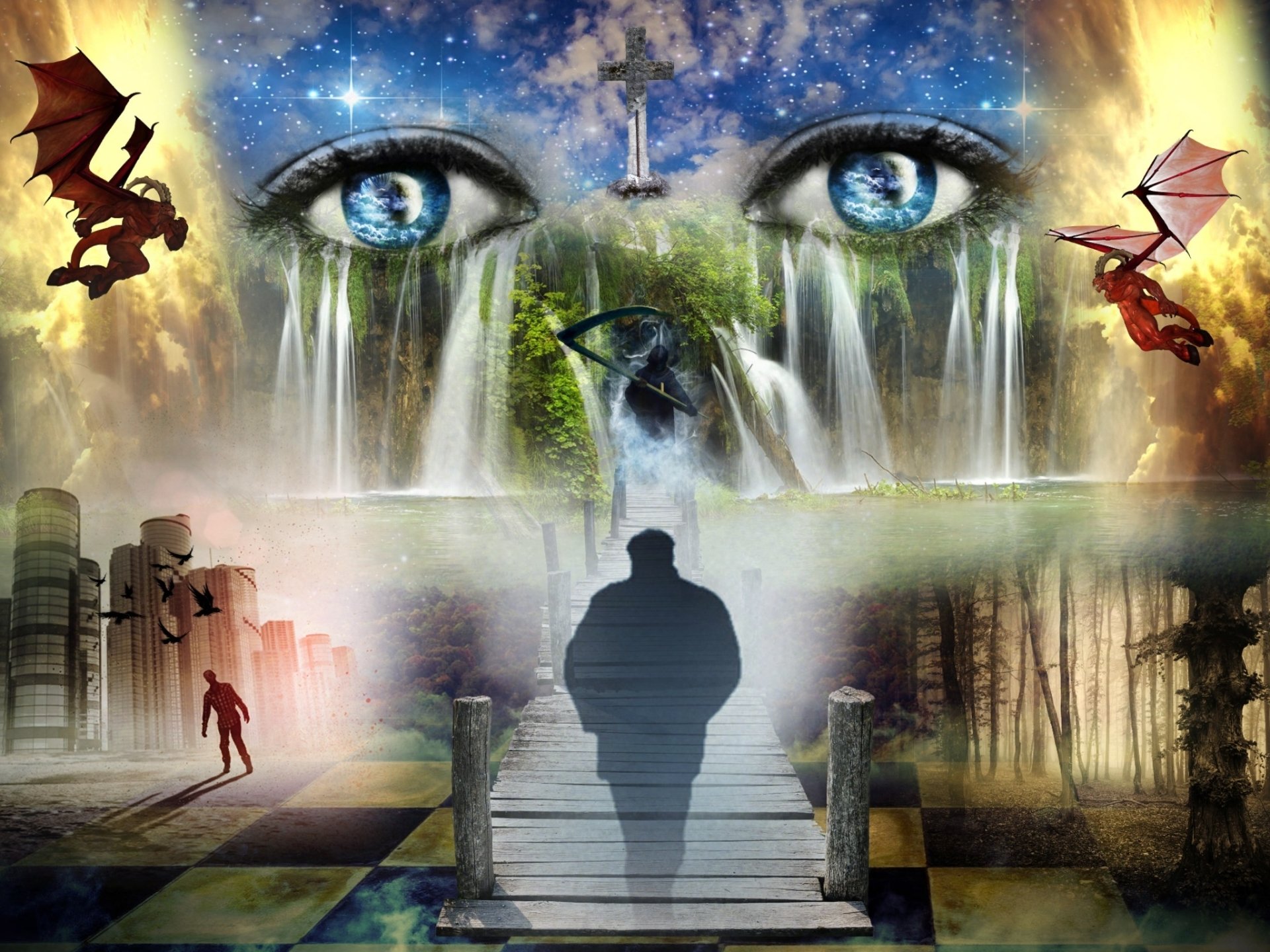 Artistic death-themed surreal: lone figure on a pier faces waterfalls beneath giant cosmic eyes, surrounded by dragons, ruins and shadowy symbols of mortality.