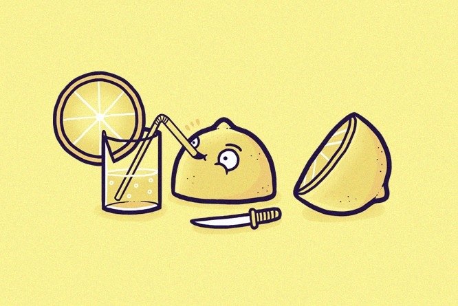 Cartoon of a sliced lemon with a small knife next to it, a lemon half with eyes sipping lemonade through a straw in a glass with a lemon slice garnish.