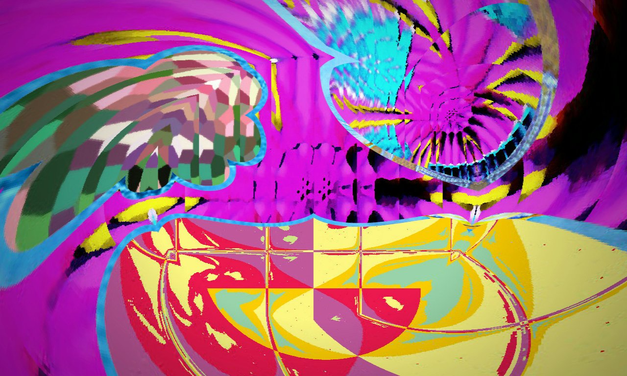 Abstract digital art featuring vibrant swirls and geometric shapes in bright pink, yellow, blue, and green hues, creating a dynamic and colorful composition.