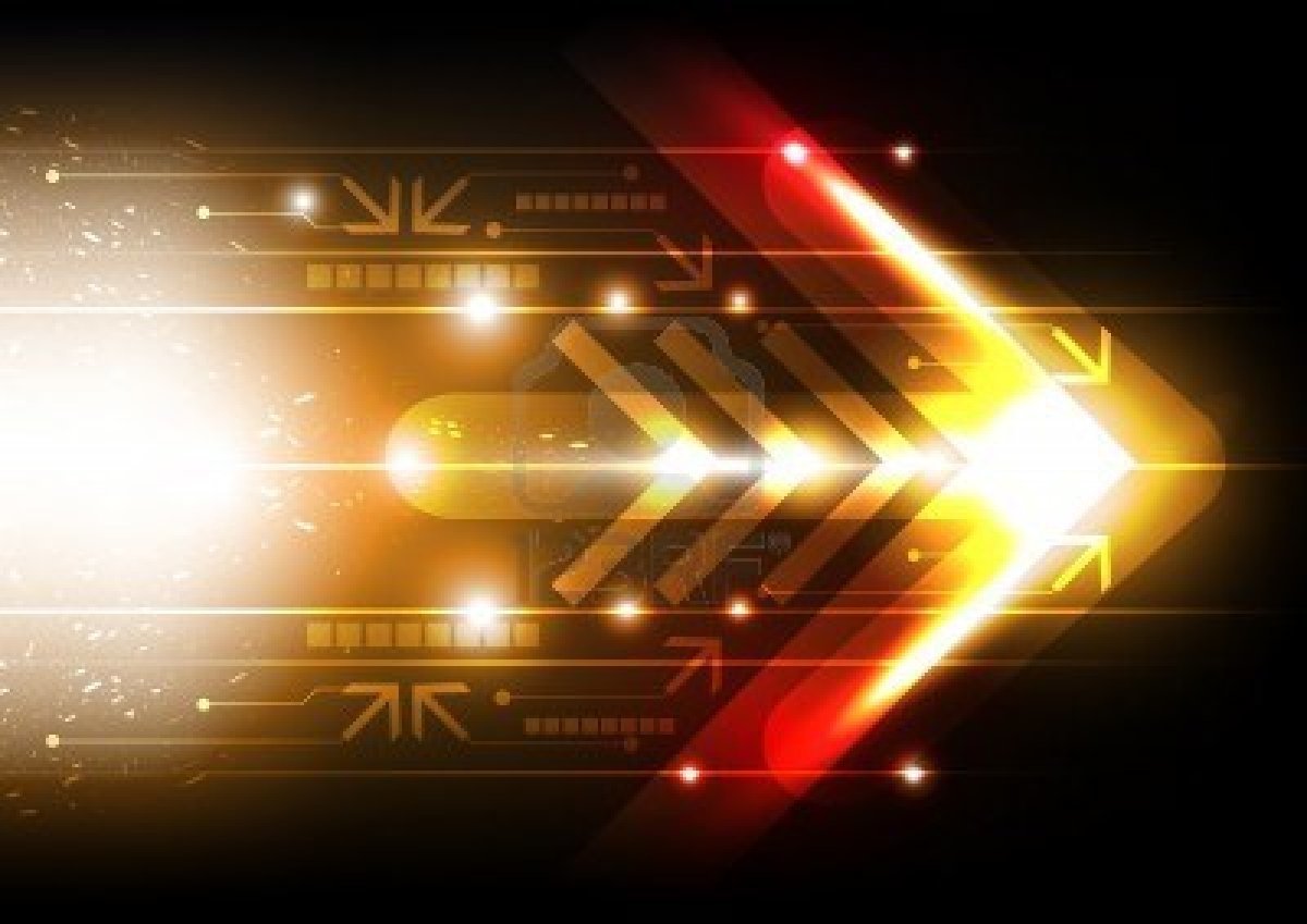 Abstract digital arrows glowing in bright yellow and red hues, moving dynamically from left to right against a dark background.