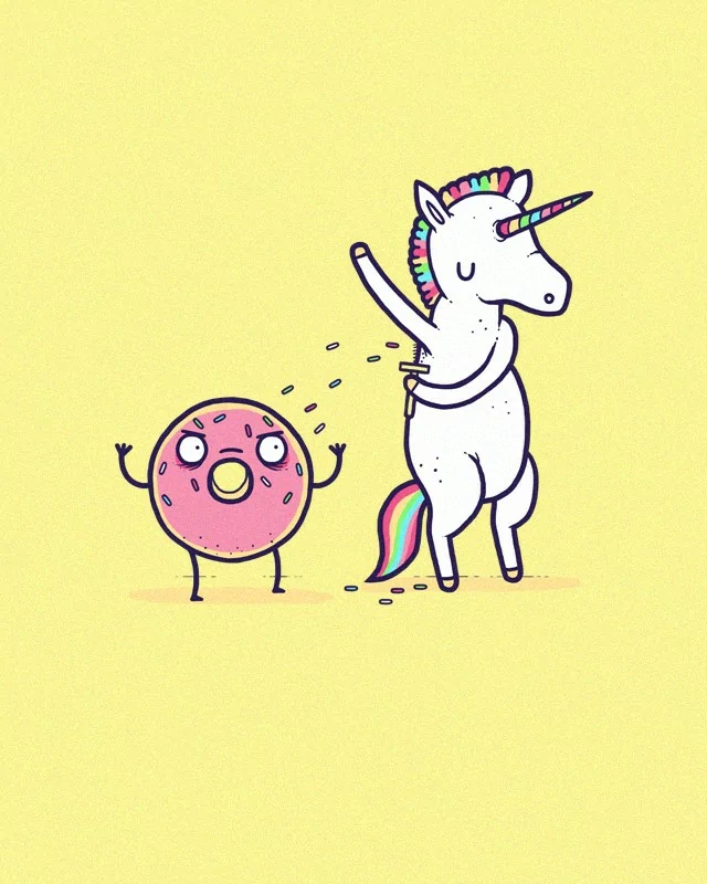 A pastel-colored cartoon unicorn confidently stands next to a surprised pink frosted doughnut with arms and legs against a soft yellow background in a whimsical fantasy scene.
