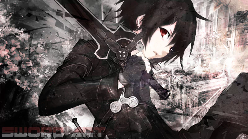 An intense portrait of Kirito from Sword Art Online, showcasing Kazuto Kirigaya gripping his sword, set against a dramatic, stylized backdrop.