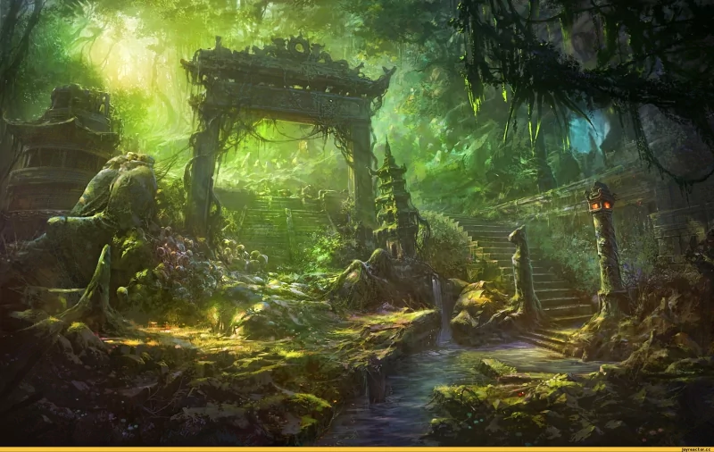 A mystical fantasy landscape featuring an ancient temple surrounded by lush greenery, entwined vines, and vibrant flowers, creating a serene and enchanting atmosphere.