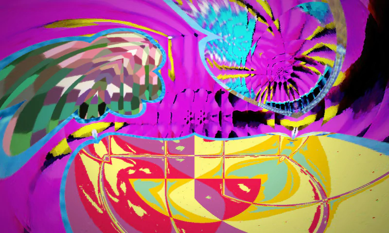 Abstract digital art featuring vibrant swirls and geometric shapes in bright pink, yellow, blue, and green hues, creating a dynamic and colorful composition.