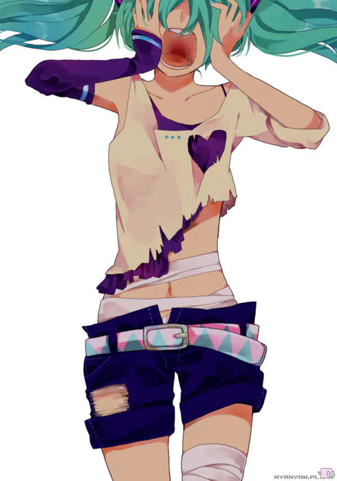 A vibrant illustration of Hatsune Miku, the popular Vocaloid character, featuring her playful pose and stylish, edgy outfit, embodying the lively spirit of anime culture.