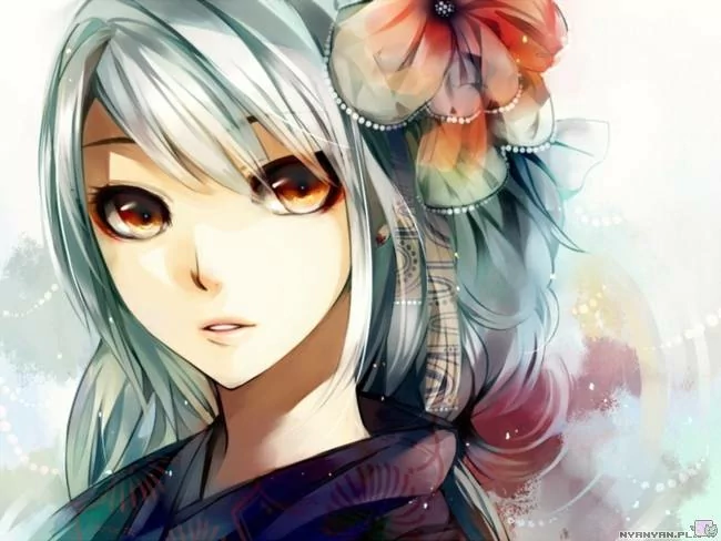 An anime girl with striking orange eyes and long white hair adorned with a colorful flower, set against a soft, vibrant background.