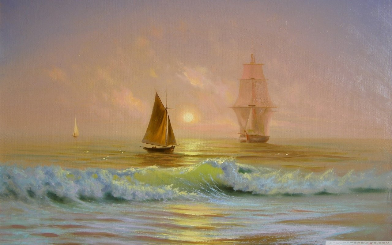 Abstract oil painting of a serene seascape featuring sailing ships on calm waters under a soft, glowing sky at sunset.