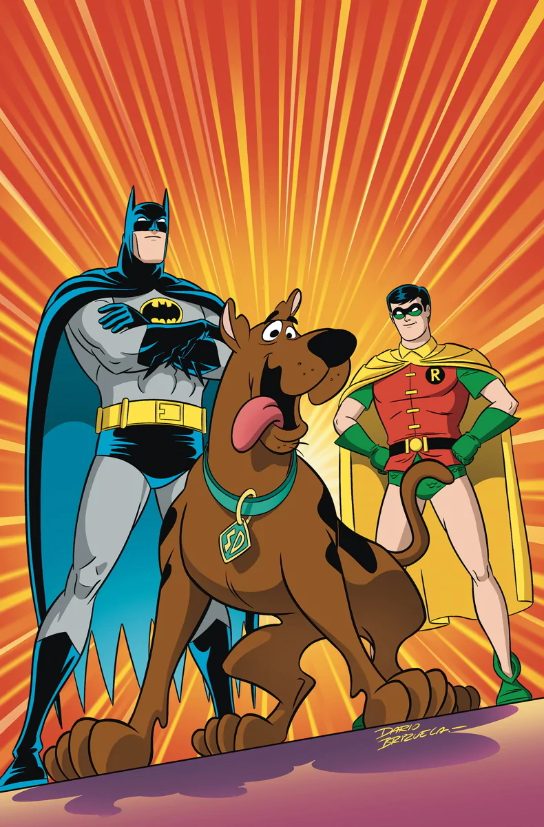 Comic panel: Scooby-Doo meets Batman and Robin — Scooby front and center panting, Batman at left with arms crossed, Robin at right, dramatic radial burst background.