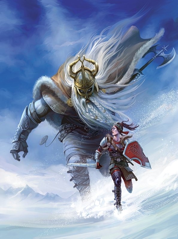 A fantasy Viking warrior battles a towering giant in a snowy landscape, both armed and ready for combat amid swirling icy winds.