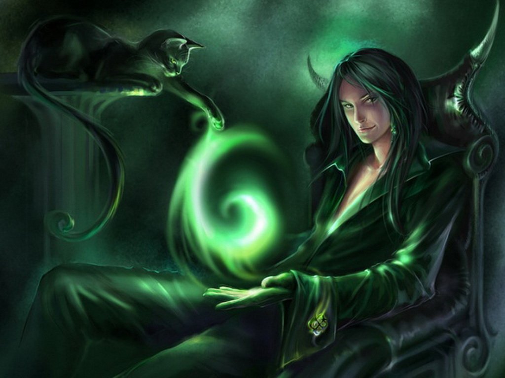 Fantasy scene of a dark-haired sorcerer lounging on a throne, conjuring a swirling green magic orb as a spectral cat watches from the armrest.