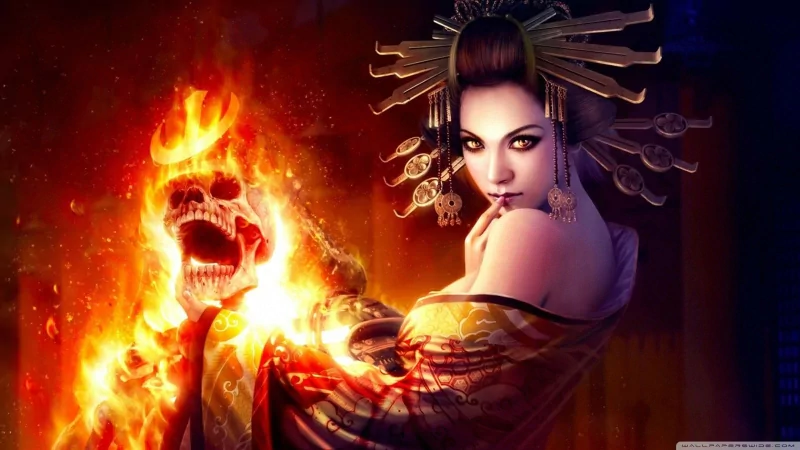 A fantasy samurai noblewoman in an ornate headdress and kimono conjures a flaming skull, evoking the dark magic of Legend of the Five Rings.