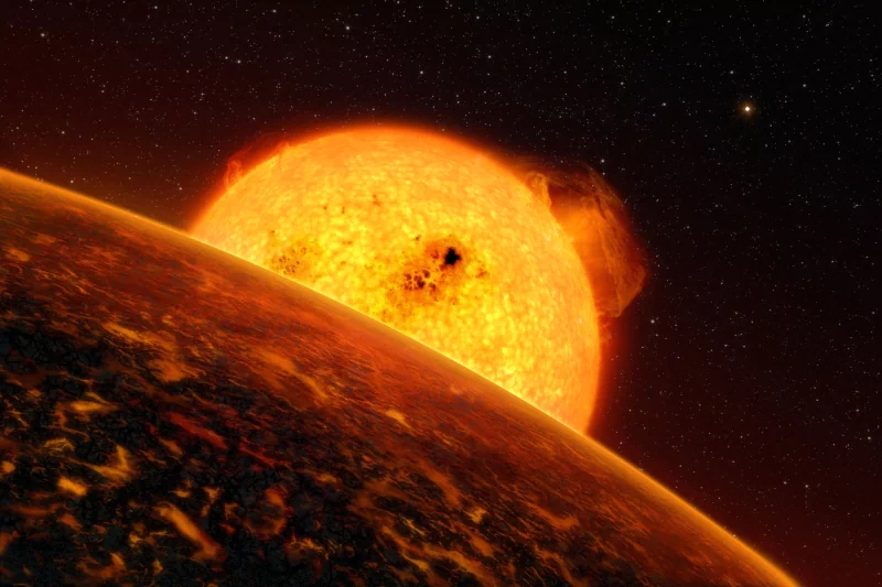 Sci-fi scene of a blazing sun with solar flares looming over a scorched planet and distant starfield.