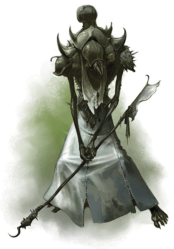 Dark creature design featuring a monstrous figure clad in spiked, heavy armor, holding a long, menacing staff with a hooked end.