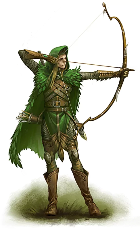 Fantasy elf archer warrior in green leathers with feathered cloak draws a longbow, quiver at their hip, standing poised.