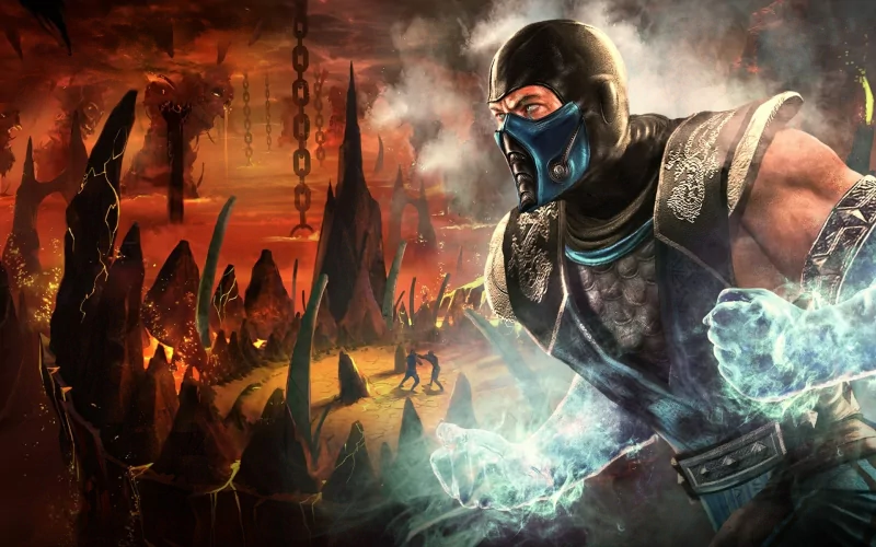 A fierce character from the Mortal Kombat video game, wearing a mask and glowing with icy energy, ready for battle in a fiery, jagged landscape.