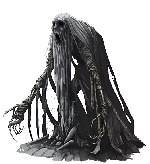 A dark, eerie ghostly creature with tattered shrouds and elongated skeletal hands emerging menacingly, embodying horror and monstrous elements.