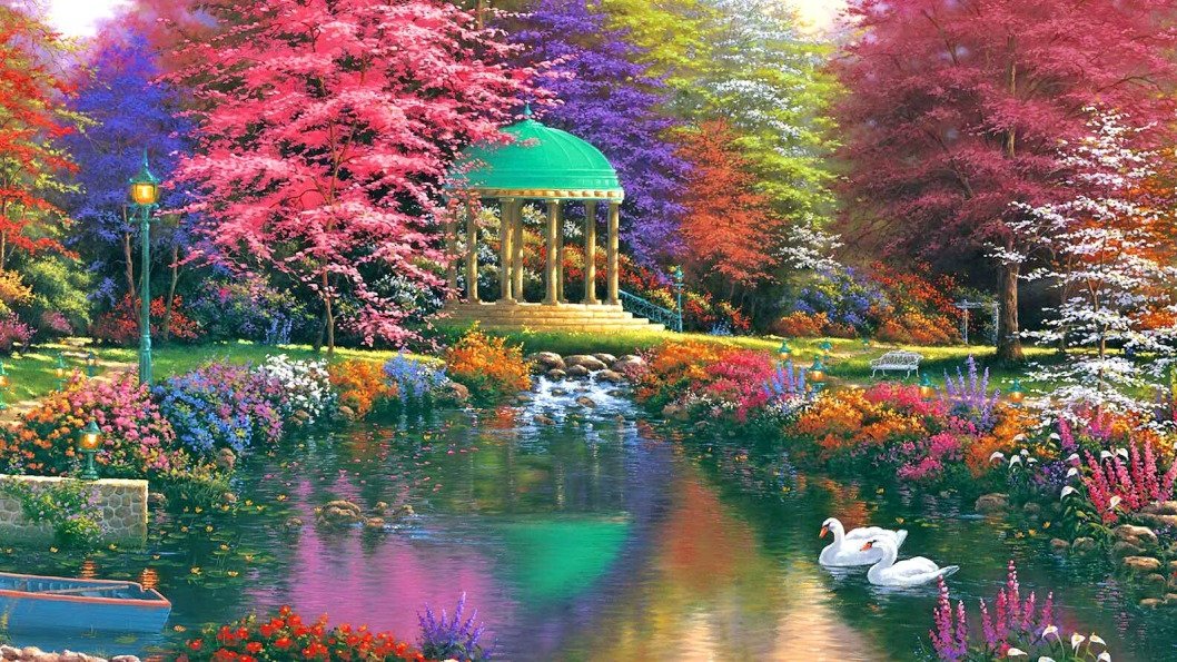 Artistic painting of nature: a tranquil pond and creek with swans, a domed gazebo, vibrant flowering trees and a bench.