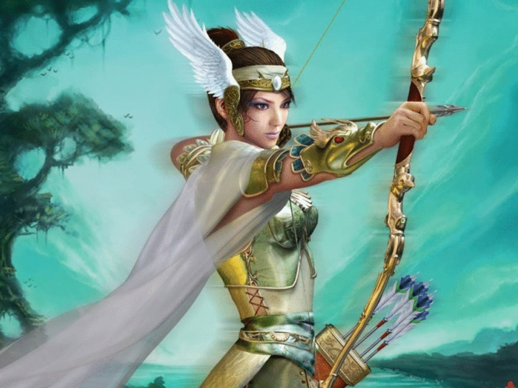 Female archer character from the video game Perfect World, aiming her bow with a glowing blue forest background.