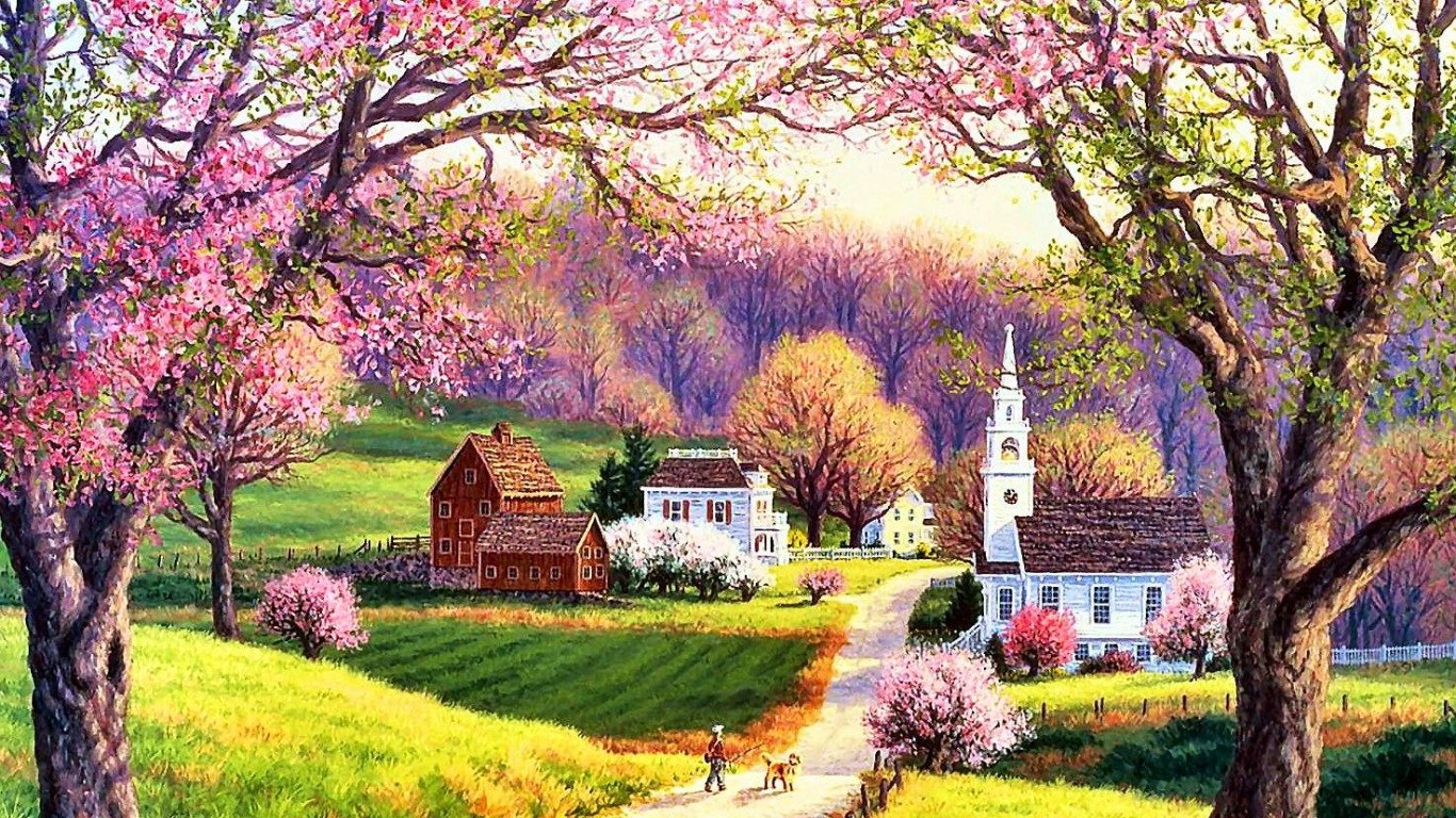 Artistic painting of a country town with blooming pink trees, a white church, red barn and farmhouse along a winding dirt road where two small figures walk toward the village.