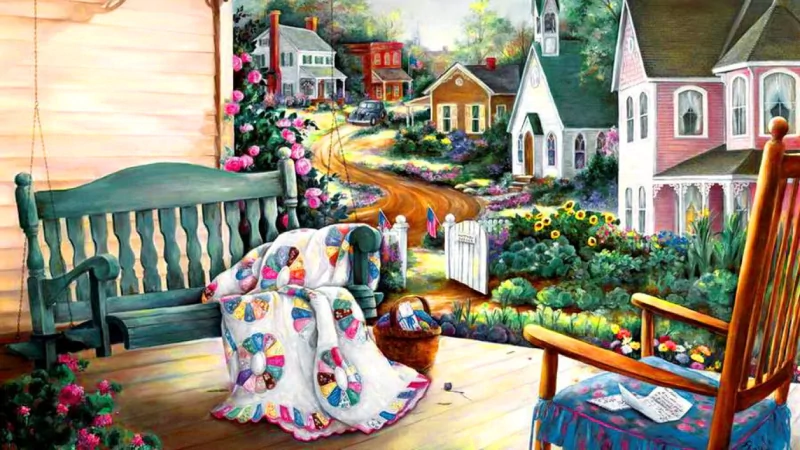 Artistic painting of a cozy porch featuring a swing with a colorful quilt, overlooking a charming village street with houses and lush gardens.