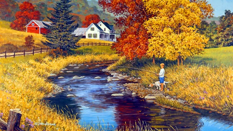 A vibrant painting depicts a child fishing by a serene stream, surrounded by autumn foliage, a charming house, and a playful dog, capturing a peaceful rural scene.