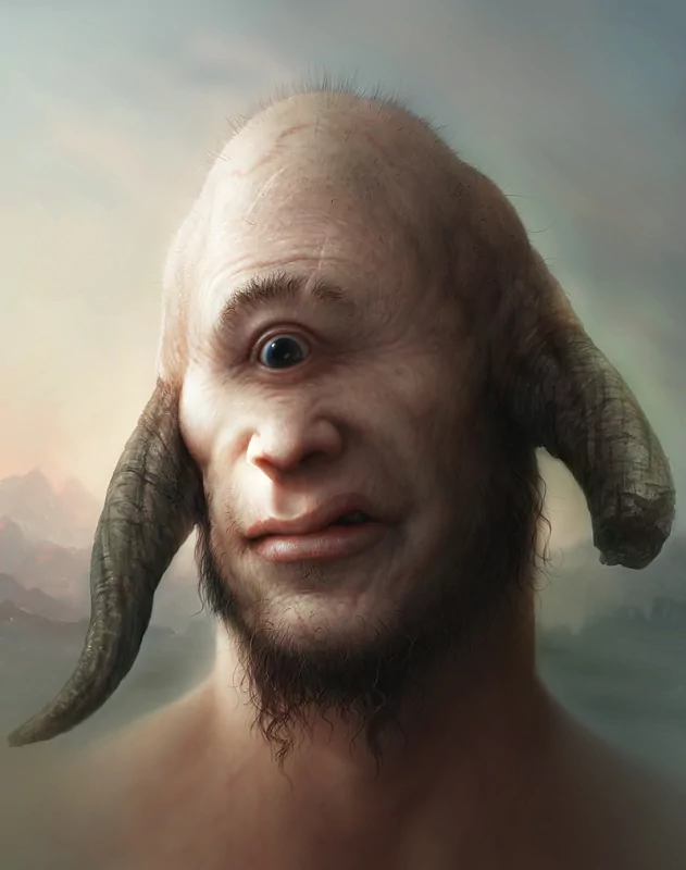 A dark, mythical humanoid creature with one large eye, elongated ears resembling horns, and a distorted face set against a misty, mountainous background.