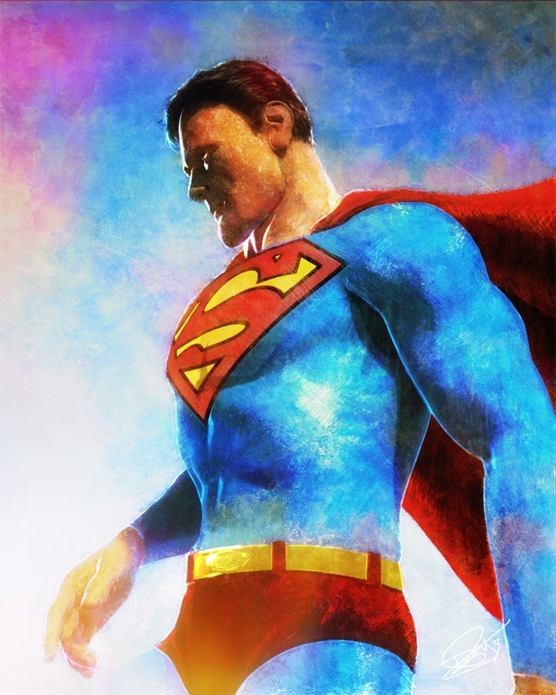 A colorful illustration of Superman, a DC Comics superhero, striking a powerful pose with his cape flowing, showcasing his iconic blue and red costume against a vibrant background.