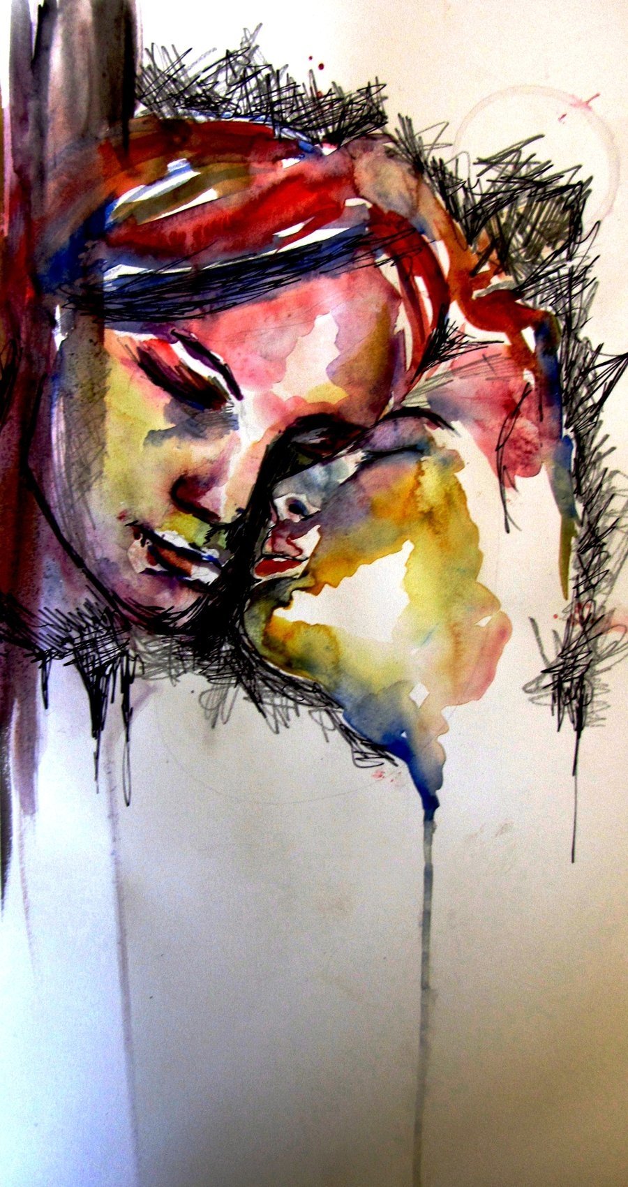 Abstract, artistic watercolor and ink painting depicting two closely positioned faces with expressive colors and dynamic, sketch-like black lines.