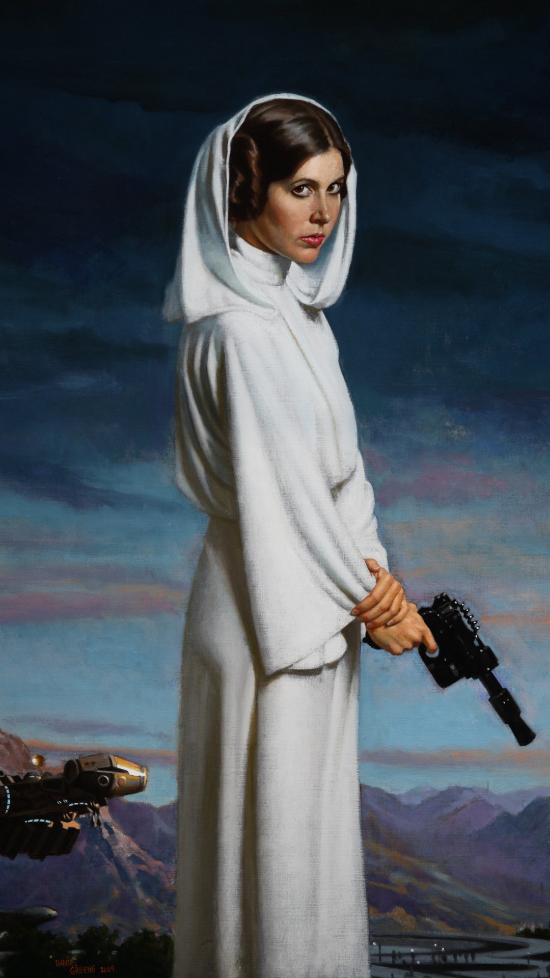 Princess Leia Organa stands confidently in a white robe, holding a blaster, set against a dramatic landscape, embodying her strength from the Star Wars movie saga.