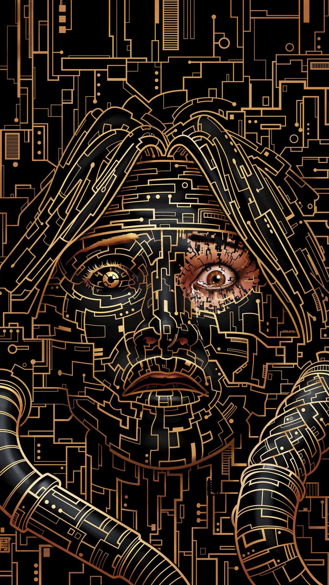 Stylized comic cover of Mirage (Marvel Comics) from New Mutants: a woman's face rendered in gold circuitry on black, one damaged eye and mechanical tubes framing her.