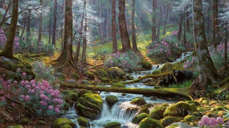 An artistic painting of a serene forest creek flowing through moss-covered rocks and blooming wildflowers under tall, sunlit trees.