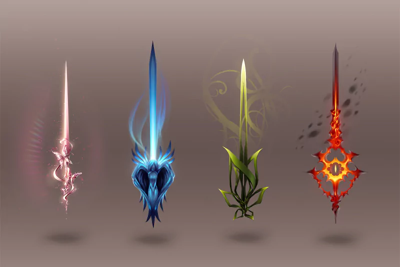 A collection of four fantasy swords, each with unique designs and elemental themes, showcasing a blend of creativity and artistry in weapon design.