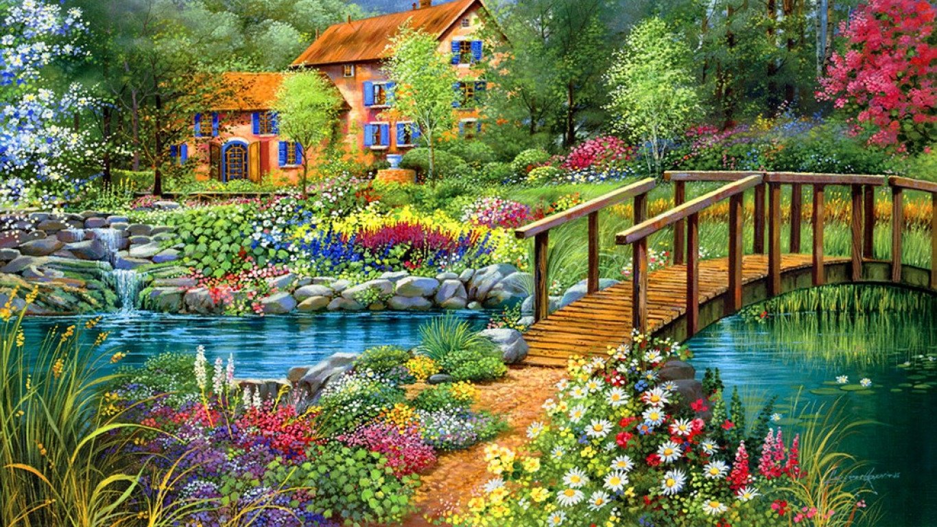 A serene painting of a vibrant house surrounded by colorful flowers, a tranquil pond, and a wooden bridge over a gentle creek, capturing the beauty of nature.