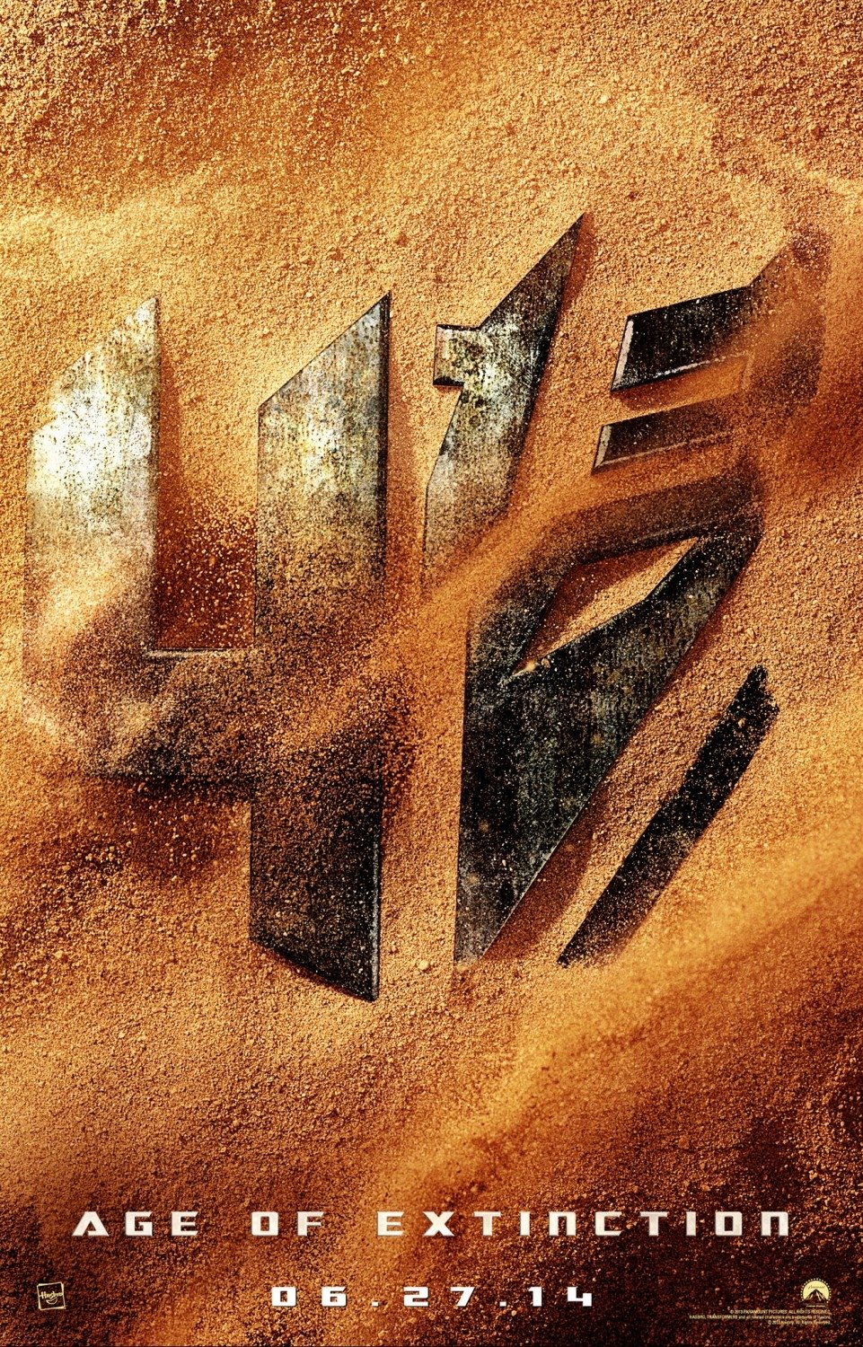 Metallic number 4 partially buried in sand with the text Age of Extinction and release date, representing the movie Transformers: Age of Extinction.