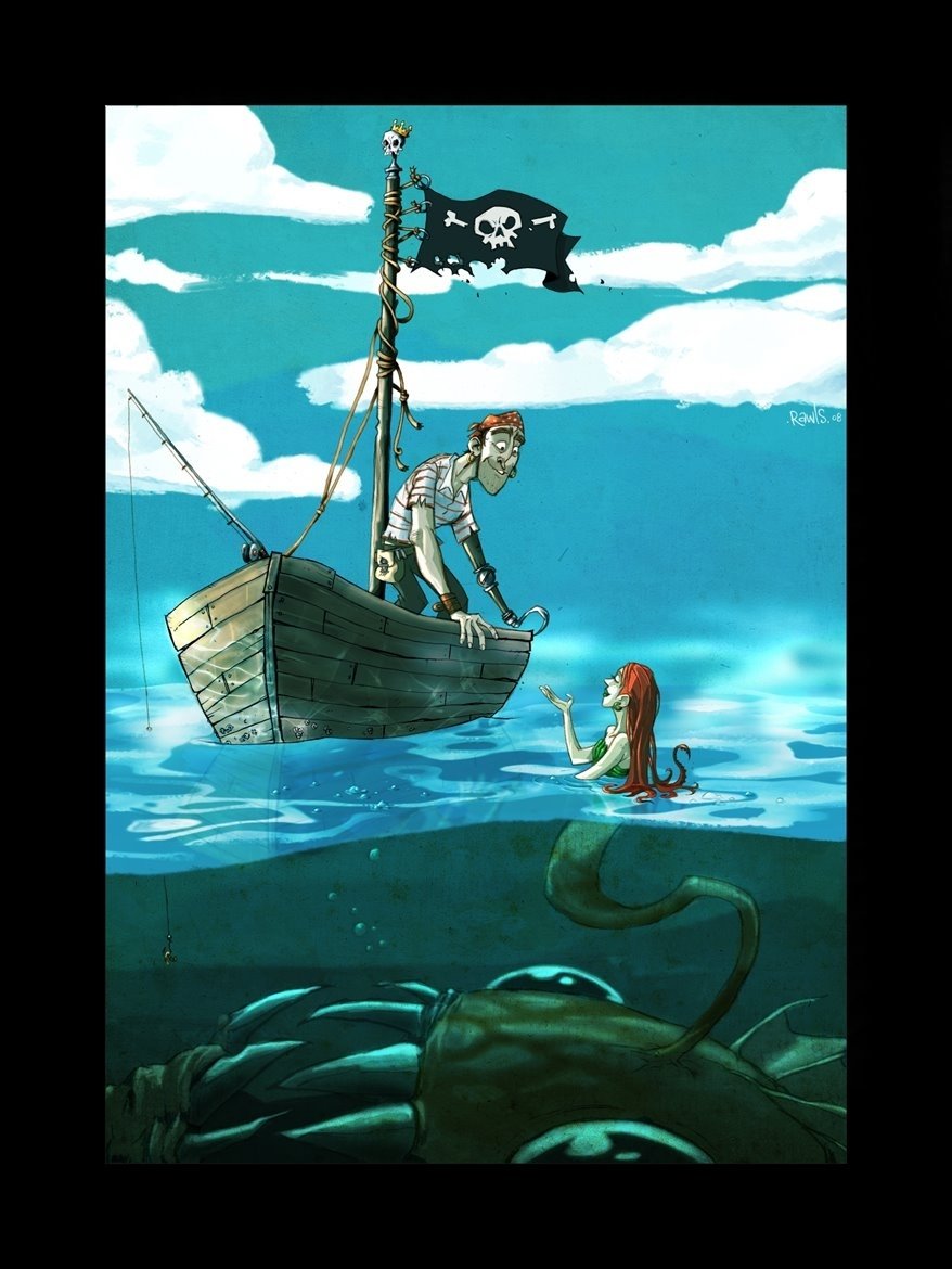 A whimsical fantasy scene depicts a pirate in a small boat, interacting with a mermaid swimming nearby, while a sea creature lurks beneath the surface. A skull flag waves in the background.