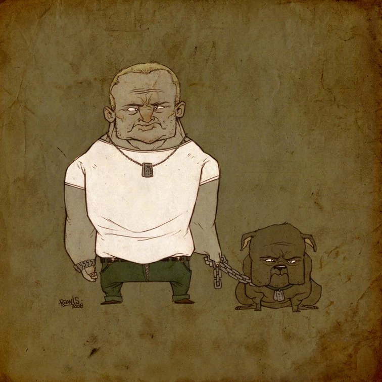 Cartoon character design of a muscular man with dog-like features, wearing a white shirt and holding a chain leash attached to a fierce-looking dog.