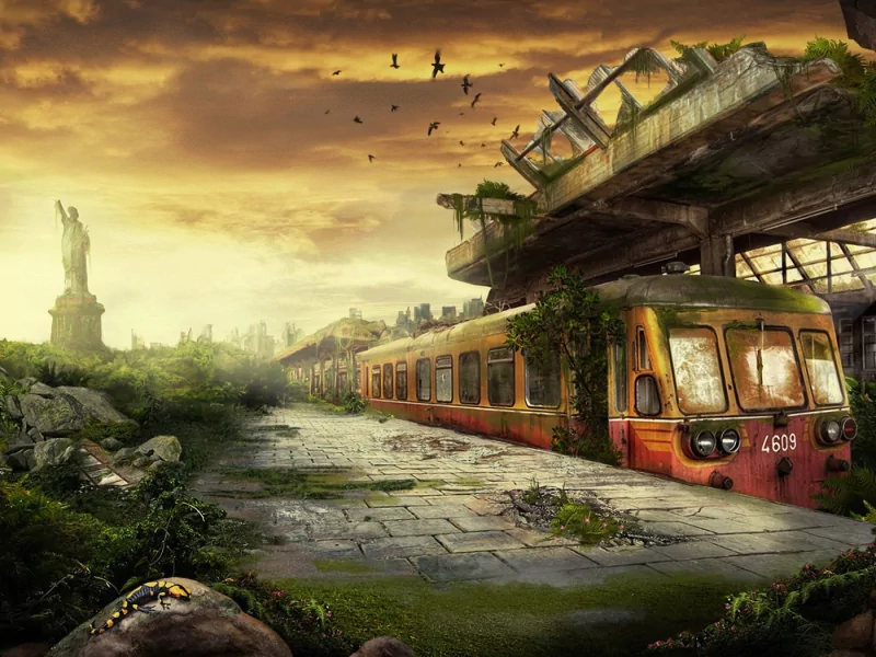 A rusted train abandoned beneath a broken elevated track in a post-apocalyptic sci-fi landscape with overgrown vegetation and a distant statue.