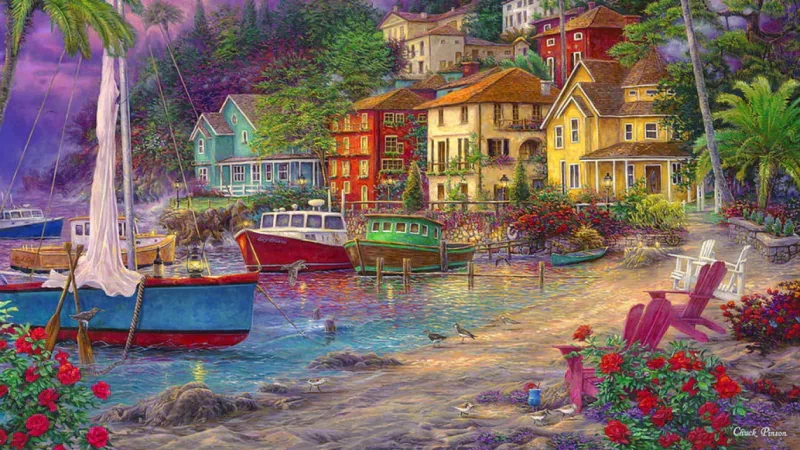 Artistic painting of a colorful marina village with boats docked along the water, vibrant houses, palm trees, and lush flowers creating a serene coastal scene.