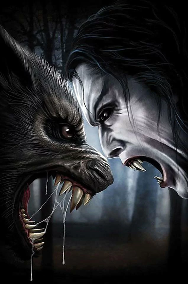 A fierce werewolf and a pale, monstrous figure face off in a dark, eerie forest, showcasing intense expressions and sharp fangs, capturing a dramatic confrontation between man and beast.