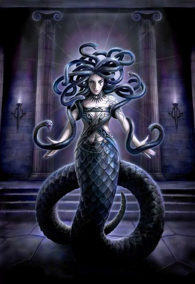 A dark fantasy depiction of Medusa with snake hair, glowing eyes, and a serpent-like lower body, standing in a shadowy, ancient stone chamber.